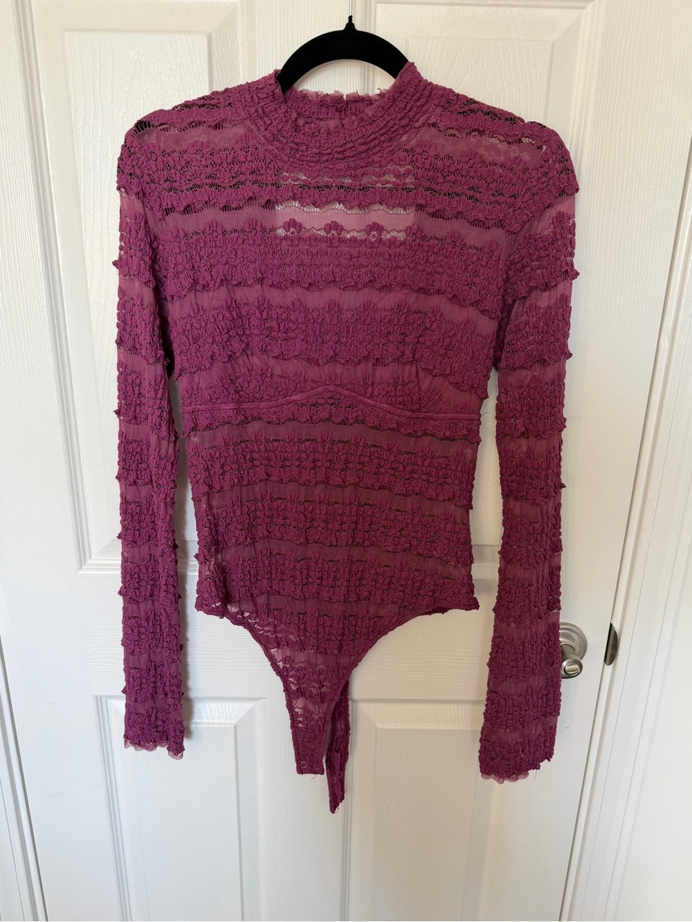 Sheer Ruffle Long-Sleeve Bodysuit in Plum